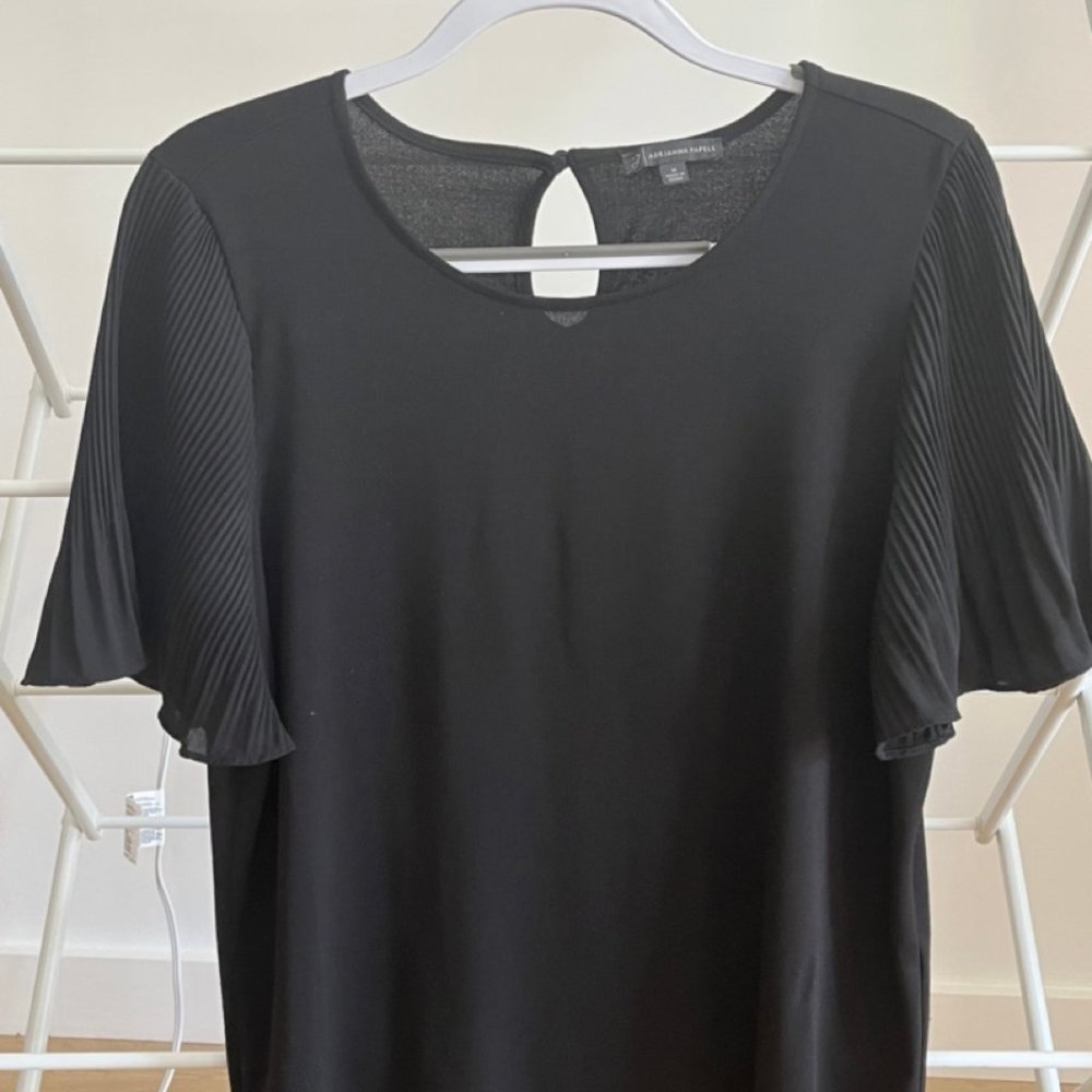 ADRIANNA PAPELL Pleated Flutter Sleeve Blouse In Black Size Medium